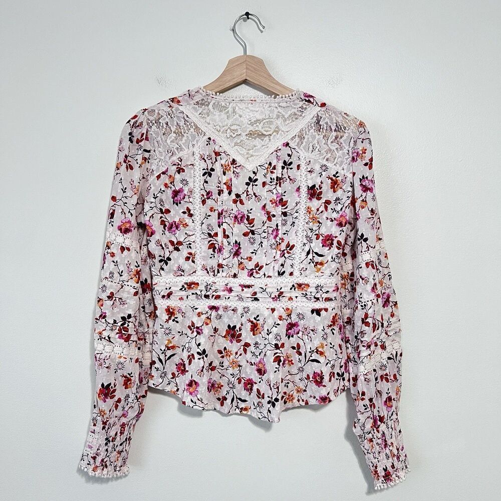 Anthropologie Puff Sleeve Floral Lace Trim Buttondown Blouse Top Size 4 Cottage - Picture 7 of 12